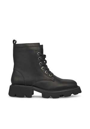 Schwarze Leder-Stiefelette mit runder Zehenpartie, Schnürung vorne, silbernen Ösen, verstärktem Absatz und grob strukturiertem Profilsohle.