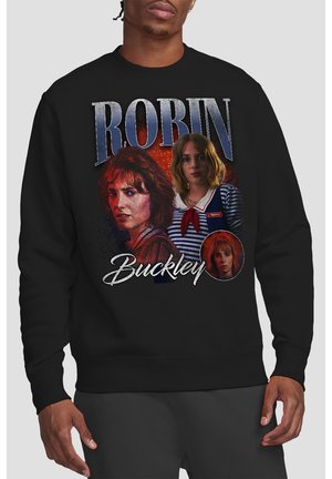 Black sweatshirt with three portraits of Robin Buckley from TV show, large "ROBIN" text above and "Buckley" script below the portraits.