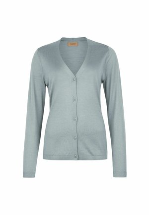 Lyseblå langærmet cardigan med V-hals og fem knapper foran, lavet af blødt stof, vist på en hvid baggrund.