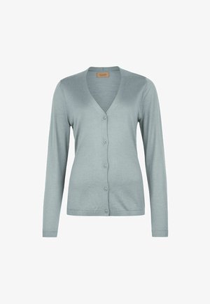 Lyseblå langærmet cardigan med V-hals og fem knapper foran, lavet af blødt stof, vist på en hvid baggrund.