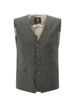 Gray buttoned men's vest with three front pockets and camouflage-patterned inner lining, labeled Club of Gents NextGen.