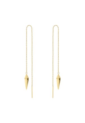 Goudkleurige oorbellen met een lange ketting, featuring een geometrische kegelvorm en een slanke staaf die het ontwerp accentueert.