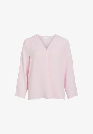 Jasnoróżowa bluzka z długim rękawem i dekoltem w serek, o luźnym kroju i subtelnej fakturze, cechująca się minimalistycznym designem bez guzików ani wzorów.