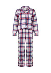 Geruite flanellen pyjama set met een button-up kraag, lange mouwen en elastische taillebandbroeken in rood, blauw en wit.