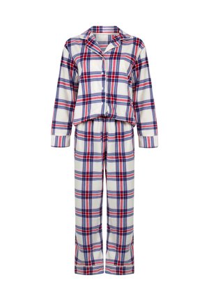 Set de pijamale din flanel cu carouri, cu guler cu nasturi, mâneci lungi și pantaloni cu talie elastică, în culorile roșu, albastru și alb.