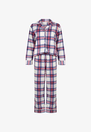 Set di pigiama in flanella a quadri con colletto a bottoni, maniche lunghe e pantaloni con vita elastica nei colori rosso, blu e bianco.
