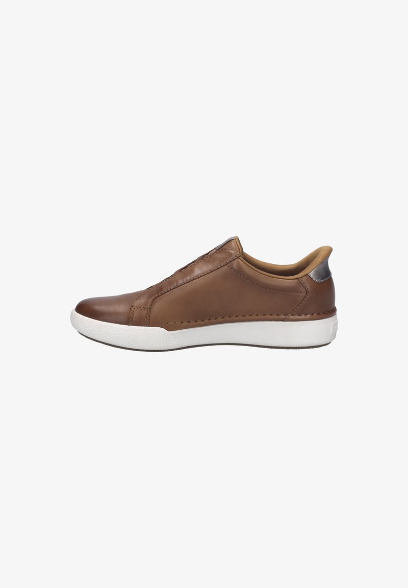 Brown leather sneaker with a smooth finish, white rubber sole, and contrasting tan interior. Features minimalist design and side stitching.