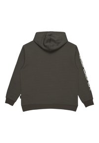 Felpa con cappuccio verde scuro, con maniche lunghe, polsini e orlo a coste, con stampa del logo bianco lungo una manica. Tessuto liscio, vestibilità casual.