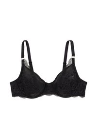 Soutien-gorge en dentelle noire avec bretelles réglables, soutien-gorge à armatures, superposition de dentelle florale et bords festonnés. Présente un détail de nœud au centre.