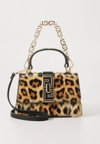 Leopard print handbag with a glossy finish, black accents, a chain handle, and a rectangular shape. Features a prominent clasp design.