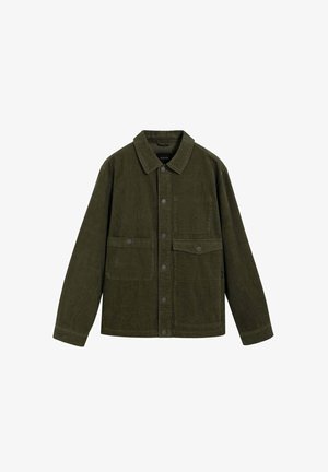 Olivgrüne Cordjacke mit Spread-Kragen, vorderer Knopfleiste und zwei Brusttaschen. Verfügt über einen strukturierten Stoff und lange Ärmel.