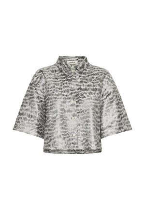 Korte mouwen overhemd met kraag in zilver en zwart abstract patroon, met een knoopsluiting aan de voorkant en een relaxte cropped pasvorm.