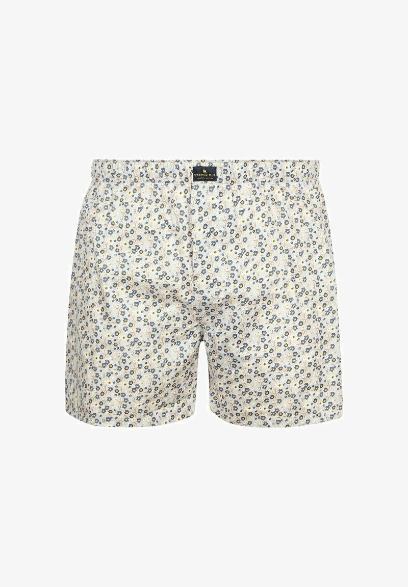 Witte boxershorts met een klein blauw en geel bloemmotief en een elastische tailleband met een zwart merklabel aan de voorzijde in het midden.