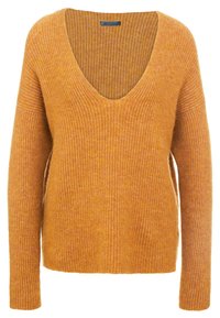 Sweter z dekoltem w serek i długim rękawem, o prążkowanej strukturze, wykonany z ciepłego pomarańczowego materiału. Luźny krój z bocznymi rozcięciami u dołu. Widoczna metka marki wewnątrz.