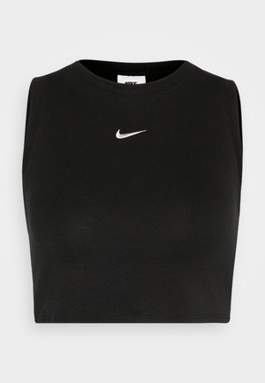 Crop top negru fără mâneci, fabricat din material ribbed, cu guler tip crew și un mic logo alb Nike pe piept.