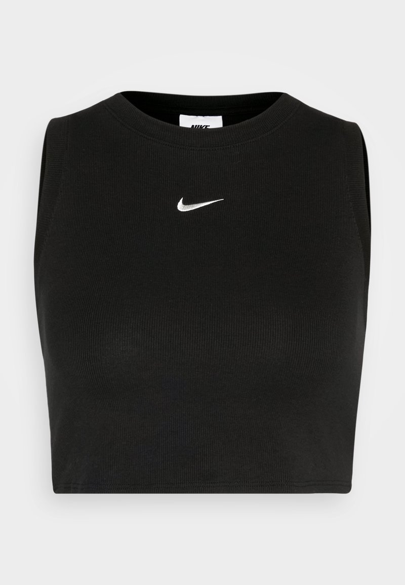 Top court sans manches noir en matière côtelée, avec un col rond et un petit logo Nike blanc sur la poitrine.