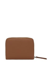 Brown leather wallet with a smooth texture, compact rectangular shape, zip closure, and a small leather pull tab.