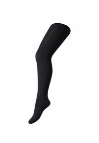Calza nera a coste alta fino al ginocchio con una texture liscia, forma aderente e punta e tallone rinforzati per maggiore durata. Priva di motivi o accenti visibili.
