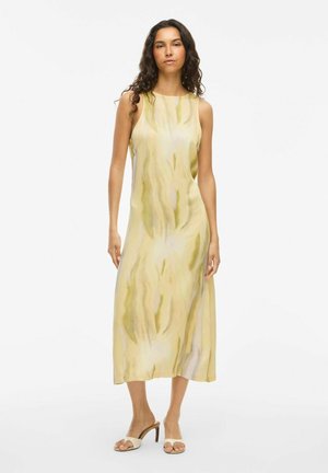 Maxikleid aus leichtem Stoff in sanftem Gelbton mit abstrakten grünen und cremefarbenen Mustern, ärmelloser Schnitt und gerader Silhouette.