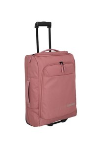 Valigia rosa con ruote realizzata in nylon resistente. Dotata di una tasca frontale con zip, manico telescopico e dettagli neri. Design compatto per i viaggi.