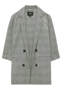 Blazer gris à carreaux présentant un devant croisé, des revers crantés et des manches courtes. Le tissu a une texture lisse avec des accents noirs.