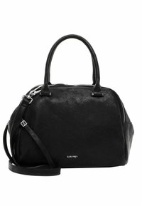 Schwarze Lederhandtasche mit durchbrochener Textur, zwei kurzen Griffen, abnehmbarem Schulterriemen und silberfarbenen Beschlägen. Reißverschlussverschluss.