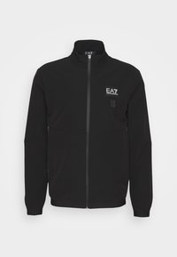 Černá bunda na zip s vysokým límcem, žebrovanými manžetami a bílým logem EA7 Emporio Armani na levém hrudi.