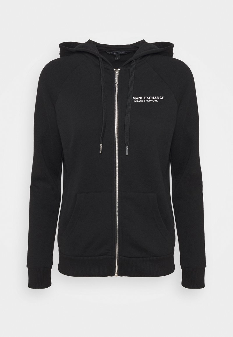 Sweat à capuche noir zippé avec poches avant et cordons, avec petit logo blanc « Armani Exchange Milano/New York » sur le côté gauche de la poitrine.