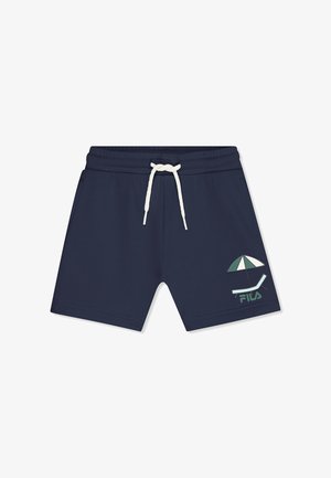 Shorts pour enfants bleu marine avec cordon blanc et un petit motif de chaise de plage et parapluie avec le logo FILA sur la jambe droite.