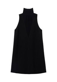 Rochie neagră fără mâneci, cu guler înalt, decolteu adânc în formă de V și o textură netedă. Design minimalist cu o siluetă fluidă.