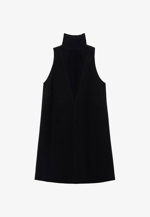 Čierne šatové bezrukávové šaty s vysokým golierom, hlbokým V-výstrihom a hladkou textúrou. Minimalistický dizajn s voľným siluetou.