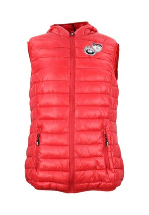 Gilet matelassé sans manches rouge avec fermeture éclair à l'avant, capuche, deux poches zippées et petits patchs sur le thème de la montagne sur la poitrine.