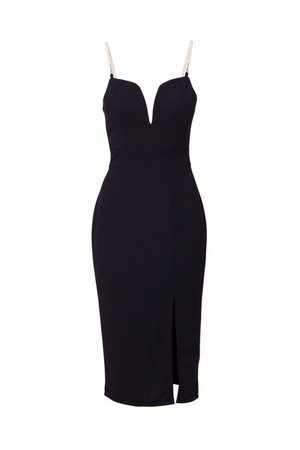 Robe midi noire à décolleté plongeant en V, bretelles spaghetti ornées de perles, taille cintrée et fente à l'avant.