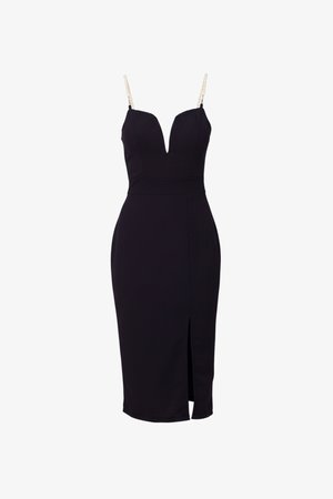 Svart midi-kjole med dyp V-utringning, spaghettistropper dekorert med perler, innsvingt midje og frontsplitt.