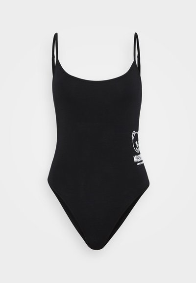 Maiô preto de uma peça com alças finas, decote arredondado e design ajustado. Apresenta um logotipo gráfico de um urso branco na lateral.