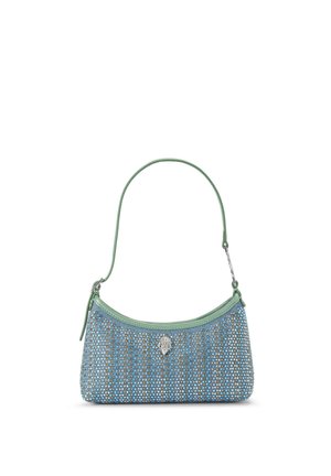 Pequeño bolso azul claro con ribete y correa verdes, cubierto de pedrería multicolor, con un cierre decorativo plateado en el centro.