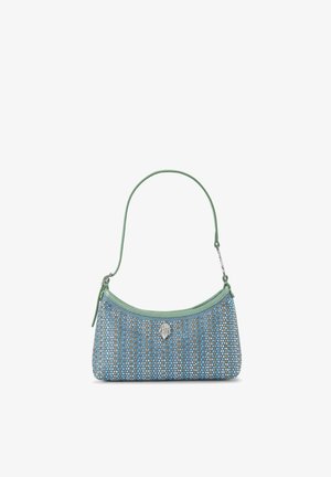 Petit sac à main bleu clair avec bordures et bandoulière vertes, couvert de strass multicolores, avec un fermoir décoratif argenté au centre.