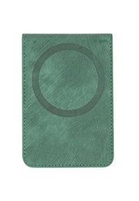 Green leather wallet with a textured finish, featuring a circular design embossed in the center and visible stitching along the edges.