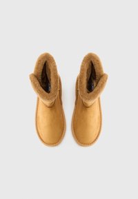 Une paire de pantoufles en daim beige avec une doublure épaisse en peluche et un revers, conçues pour la chaleur et le confort, vues d'en haut sur un fond blanc.