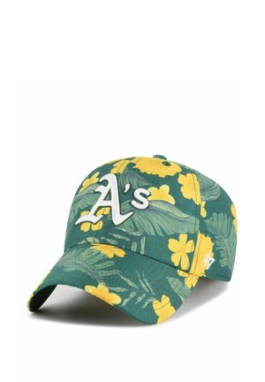 Grüne Baseballkappe mit gelben Hibiskusblumen und weißem "A's"-Logo auf der Vorderseite gestickt.