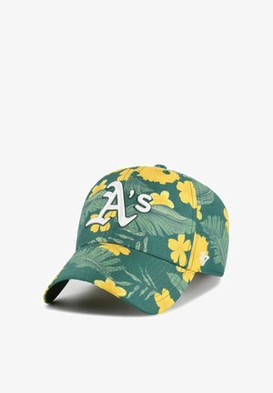 Grüne Baseballkappe mit gelben Hibiskusblumen und weißem "A's"-Logo auf der Vorderseite gestickt.