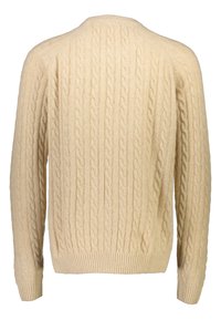 Großzügig gestrickter Pullover in crèmefarbenem Beige, der ein strukturiertes Rippmuster aufweist. Der Rücken hat eine abgerundete Schulterpartie und passende Bündchen mit gerippten Säumen.