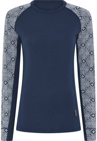 Marine langærmet skjorte med mønstrede hvide og blå teksturdetaljer på ærmerne, rund halsudskæring og logoetiket nær kanten.