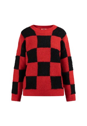 Rot-schwarz kariertes Sweatshirt mit einer flauschigen Textur, rundem Ausschnitt und langen Ärmeln, aus einem weichen Strickmaterial gefertigt.