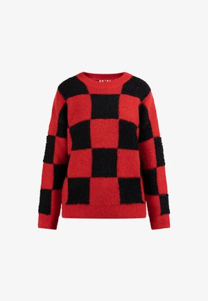 Rot-schwarz kariertes Sweatshirt mit einer flauschigen Textur, rundem Ausschnitt und langen Ärmeln, aus einem weichen Strickmaterial gefertigt.
