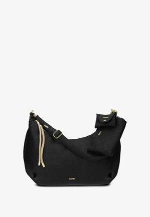 Schwarze geflochtene Handtasche mit geschwungener Form, goldenen Akzenten und einem abnehmbaren Beutel. Verfügt über eine strukturierte Oberfläche und geflochtene Kordeln.