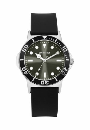 Analoge Armbanduhr mit schwarzem Silikonarmband, silberner Lünette mit Minutenmarkierungen, dunkelgrauem Zifferblatt, leuchtenden Zeigern und runden Stundenmarkierungen.
