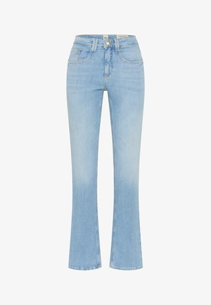 Jeans di denim azzurro chiaro con vita alta, chiusura frontale con bottoni e cerniera, design a cinque tasche e gambe leggermente svasate.