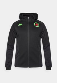 Čierna mikina na zips vyrobená z hladkej tkaniny, s zeleným logom Kappa a vzorom hviezd, s bočnými vreckami a rebrovanými manžetami.