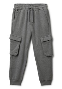 Szare dresy wykonane z miękkiego materiału, z elastycznym paskiem w talii, sznurkiem oraz dwoma dużymi kieszeniami bocznymi z klapkami.